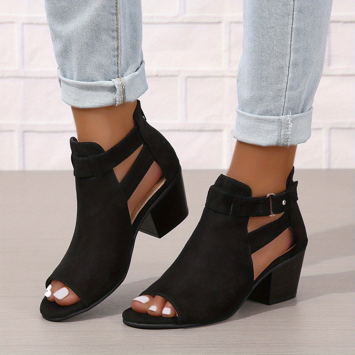 Women's Block Heel Sandals With Peep Toe, Cutout Ankle Design, And Buckle Strap