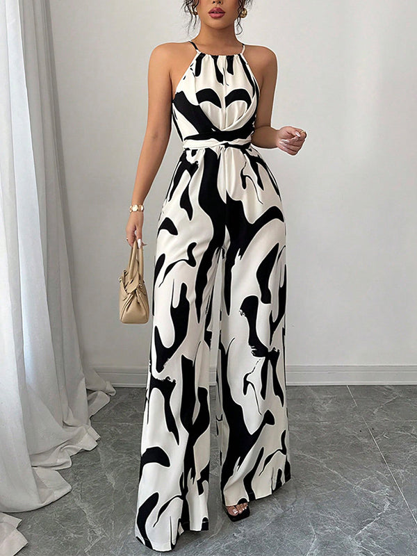 Women's Abstract Print Halter Neck Jumpsuit With Open Back Sleeveless Belted Wide-Leg For Evening Wear