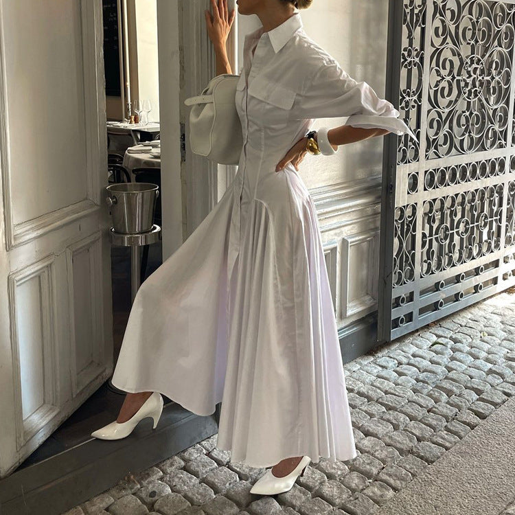 Women's White Drop-Waist Shirt Dress With Point Collar And Button Front Pleated A-Line Maxi