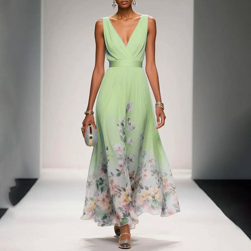 Women's Floral Border Print Sleeveless Maxi Dress With Deep V-Neck And Flowing A-Line Silhouette
