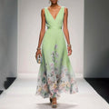 Women's Floral Border Print Sleeveless Maxi Dress With Deep V-Neck And Flowing A-Line Silhouette