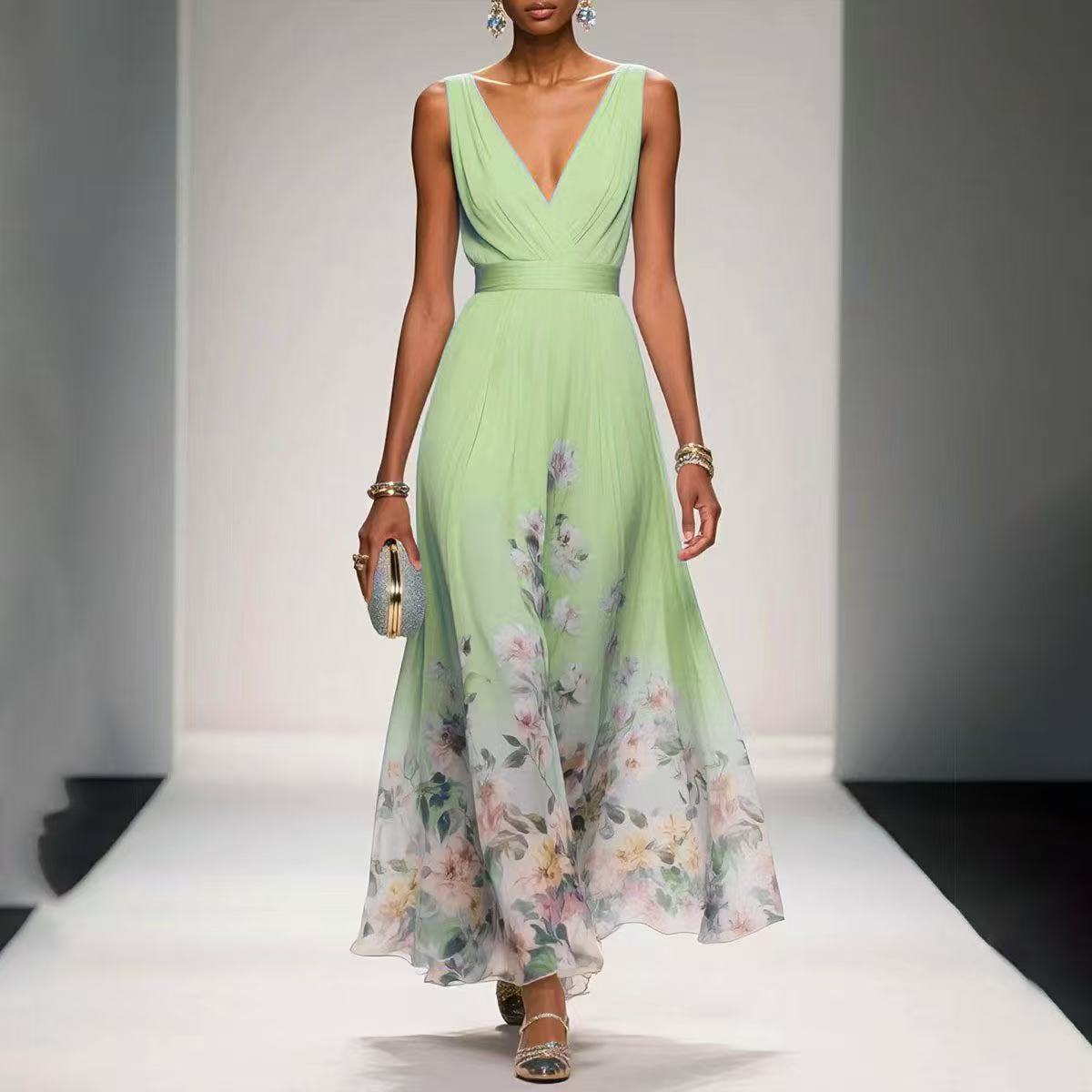 Women's Floral Border Print Sleeveless Maxi Dress With Deep V-Neck And Flowing A-Line Silhouette