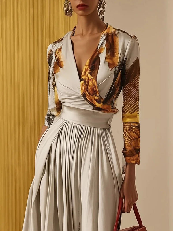 Women's Elegant Abstract Print Wrap Bodice Jumpsuit With Deep V-Neck And Wide-Leg Trousers For Evening
