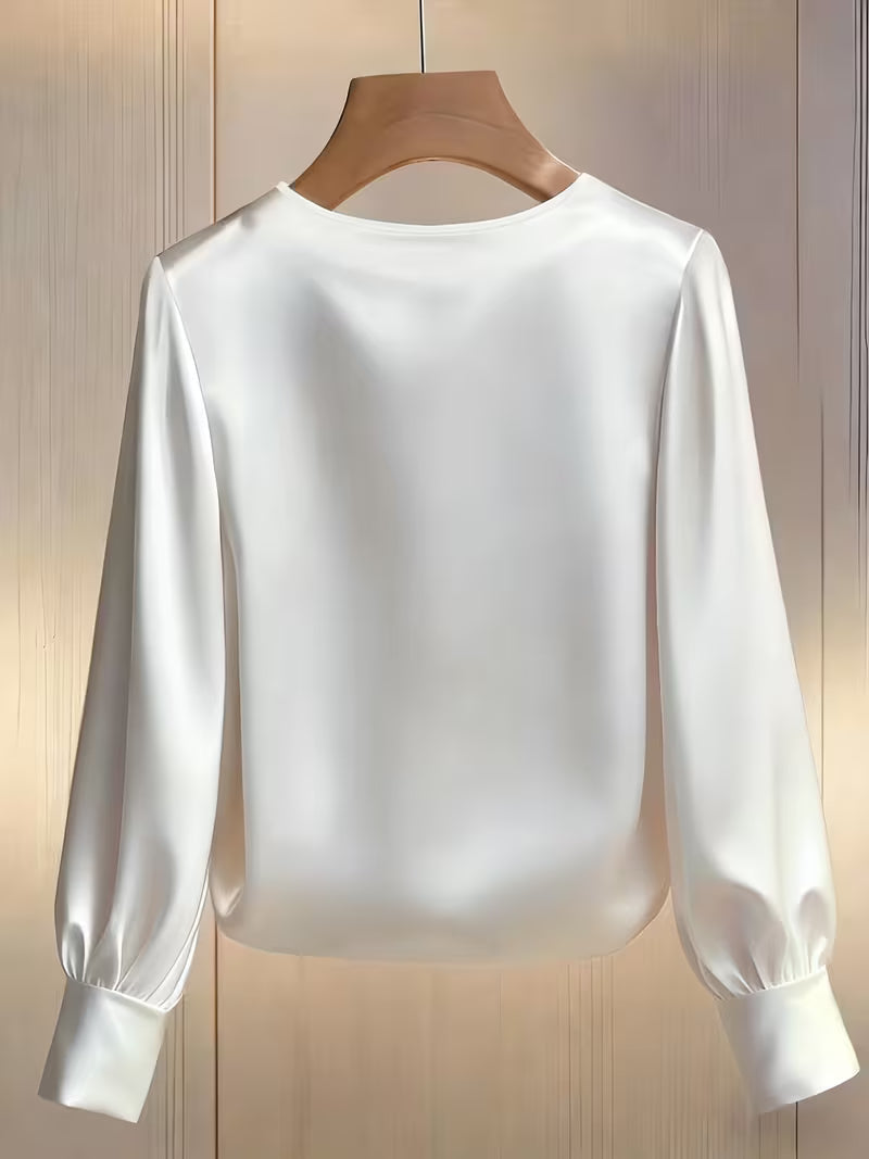 Elegant Embellished Satin Bishop Sleeve Blouse For Women With Pearl And Crystal Trim Details