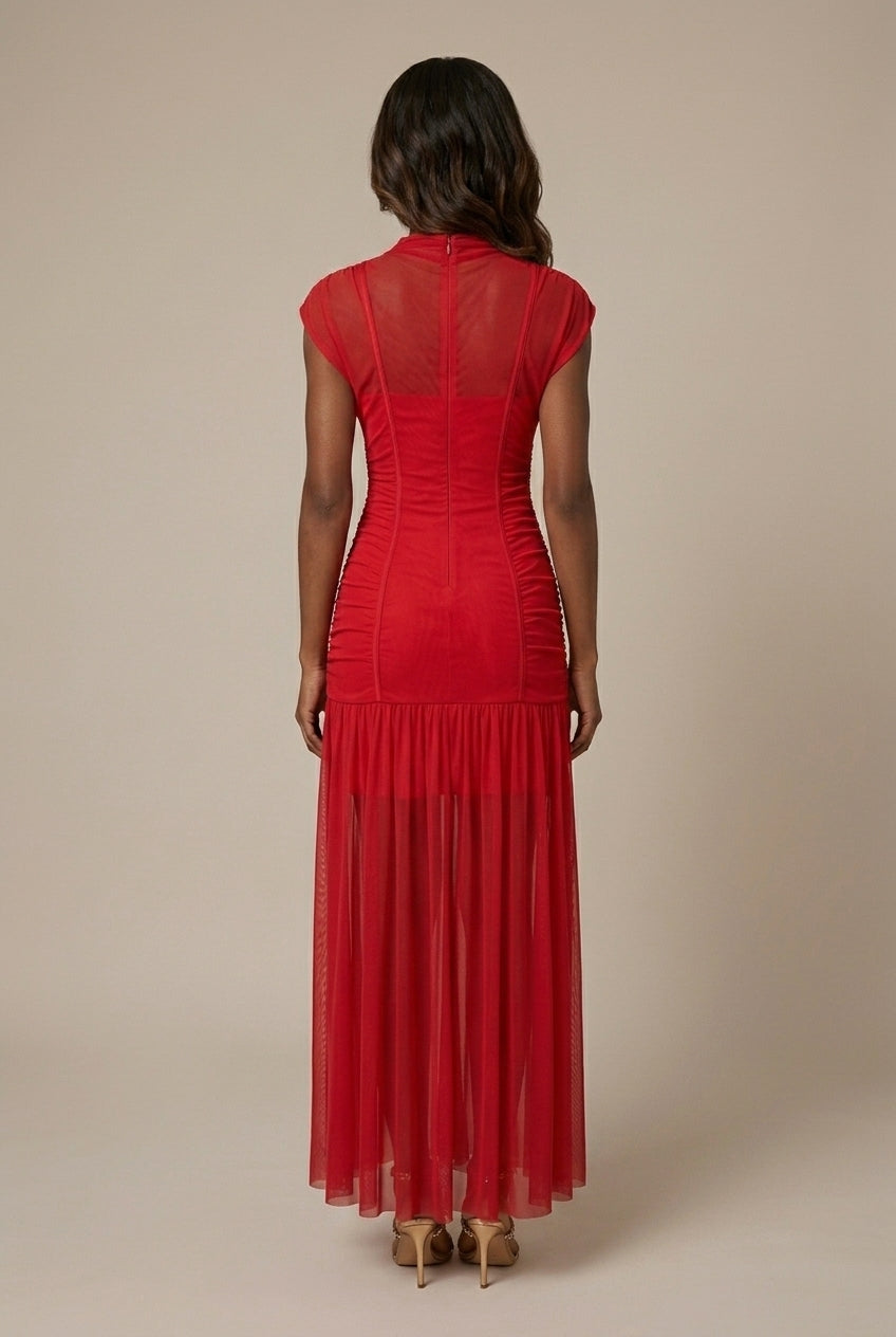 Women's Mesh Drop Waist Maxi Dress With Ruched Bodice And High Neckline In Elegant Silhouette