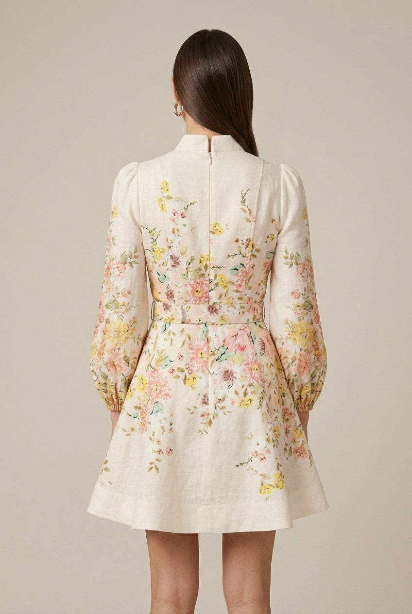 Women's Floral Printed Mini Dress With Elongated Puff Sleeves And Ruched Bodice Detail