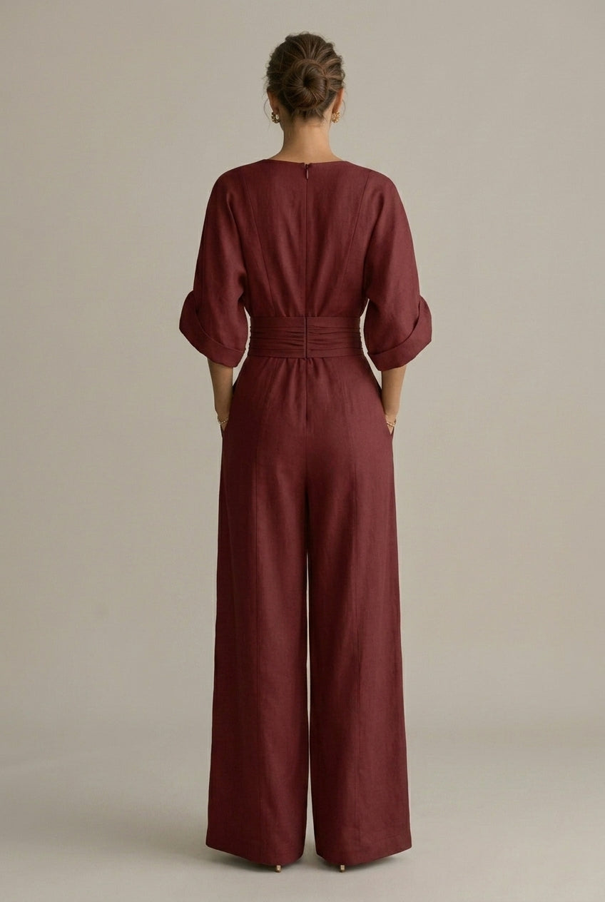 Women's Wrap Front V-Neck Jumpsuit With Wide Leg Trouser Style And Three Quarter Sleeve