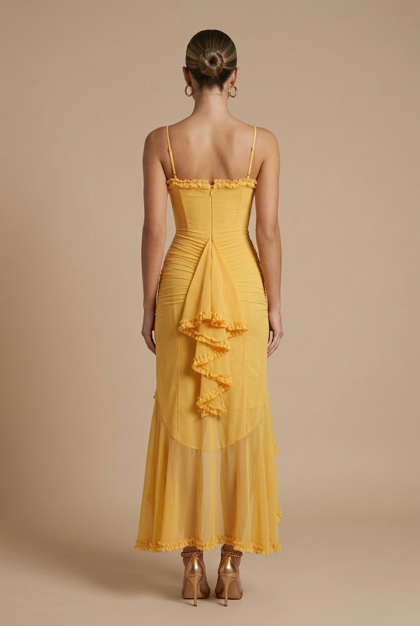 Timeless Classic Womens Ruched Spaghetti Strap Maxi Dress With Ruffle Trim Details
