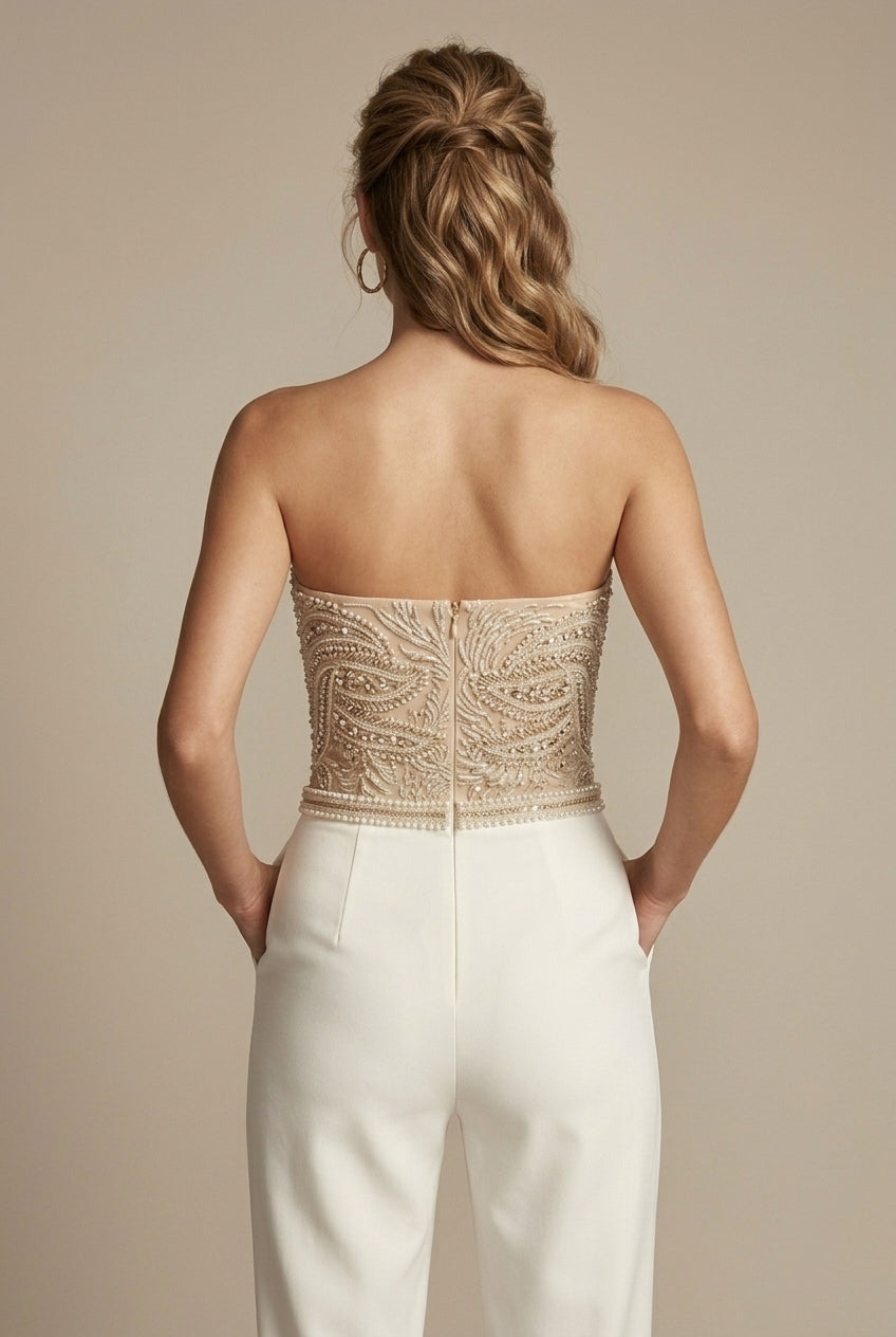 Women's Strapless Dressy Jumpsuit With Sweetheart Neckline, Sequin Embellished Bodice And Straight-Leg Pants