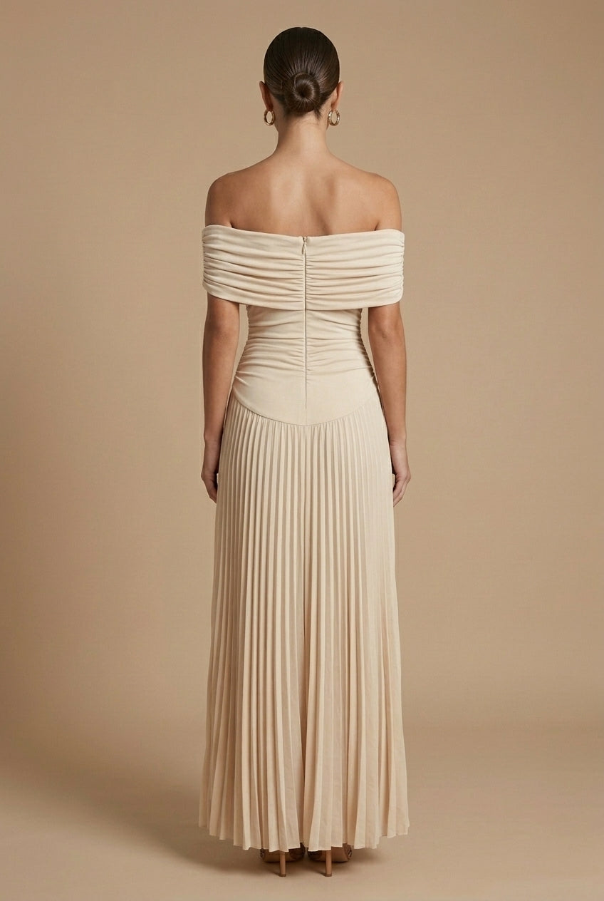 Women's Off Shoulder Pleated Maxi Dress For Wedding Guests In A Classic Long Gown Style