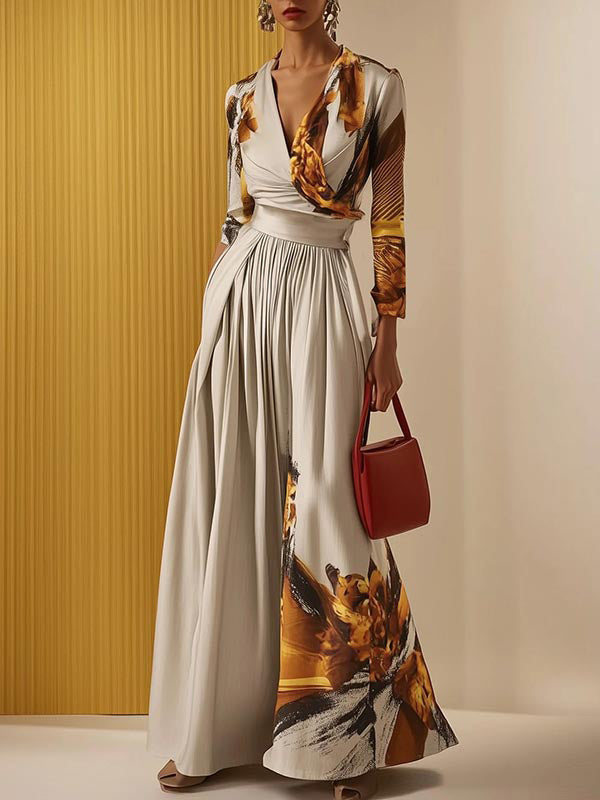Women's Elegant Abstract Print Wrap Bodice Jumpsuit With Deep V-Neck And Wide-Leg Trousers For Evening