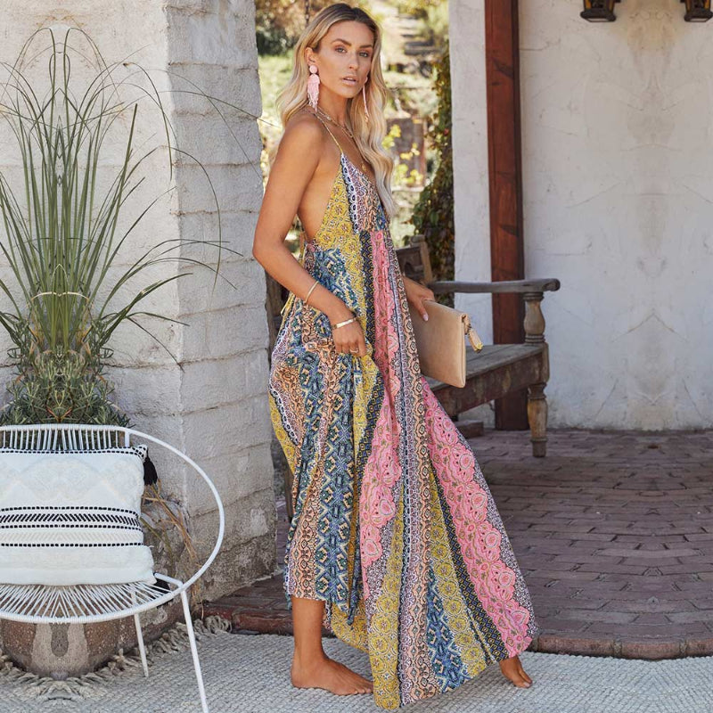 Women's Bohemian Print Maxi Dress With Low Back, V-Neckline And Spaghetti Straps
