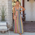 Women's Bohemian Print Maxi Dress With Low Back, V-Neckline And Spaghetti Straps