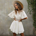 Women's Broderie Anglaise Mini Dress With Round Neck, Lace, Bell Sleeves, Open Back