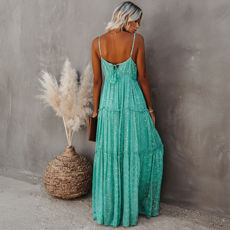 Sleeveless V-Neck Tiered Maxi Dress For Women With Spaghetti Straps And Back Tie