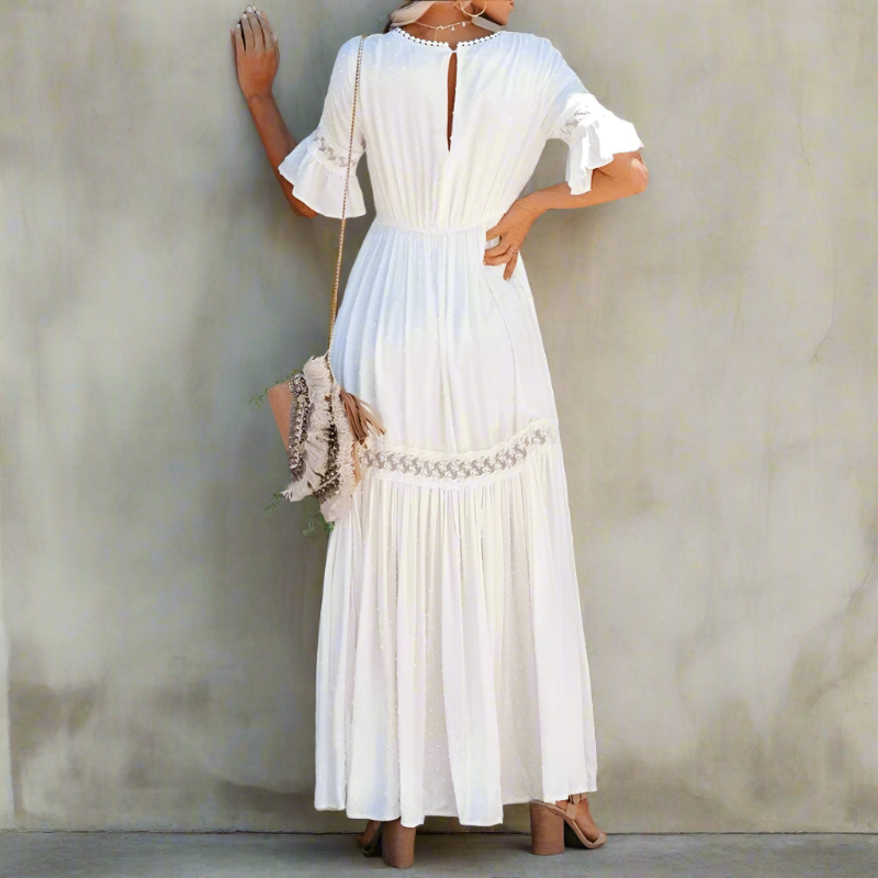 Women's Lace Flutter Sleeve Maxi Dress With Deep V-Neck, Lace Trim Panels, And Scalloped Hem