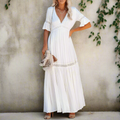 Women's Lace Flutter Sleeve Maxi Dress With Deep V-Neck, Lace Trim Panels, And Scalloped Hem