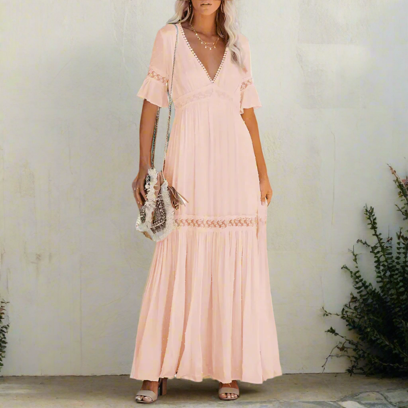 Women's Lace Flutter Sleeve Maxi Dress With Deep V-Neck, Lace Trim Panels, And Scalloped Hem
