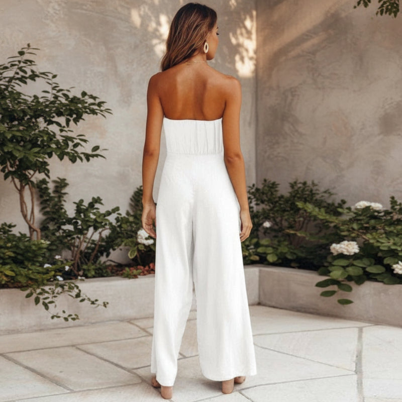Women's Strapless Bandeau Crop Top and High-Waisted Wide-Leg Trousers Set - Self-Tie Evening Two-Piece Suit