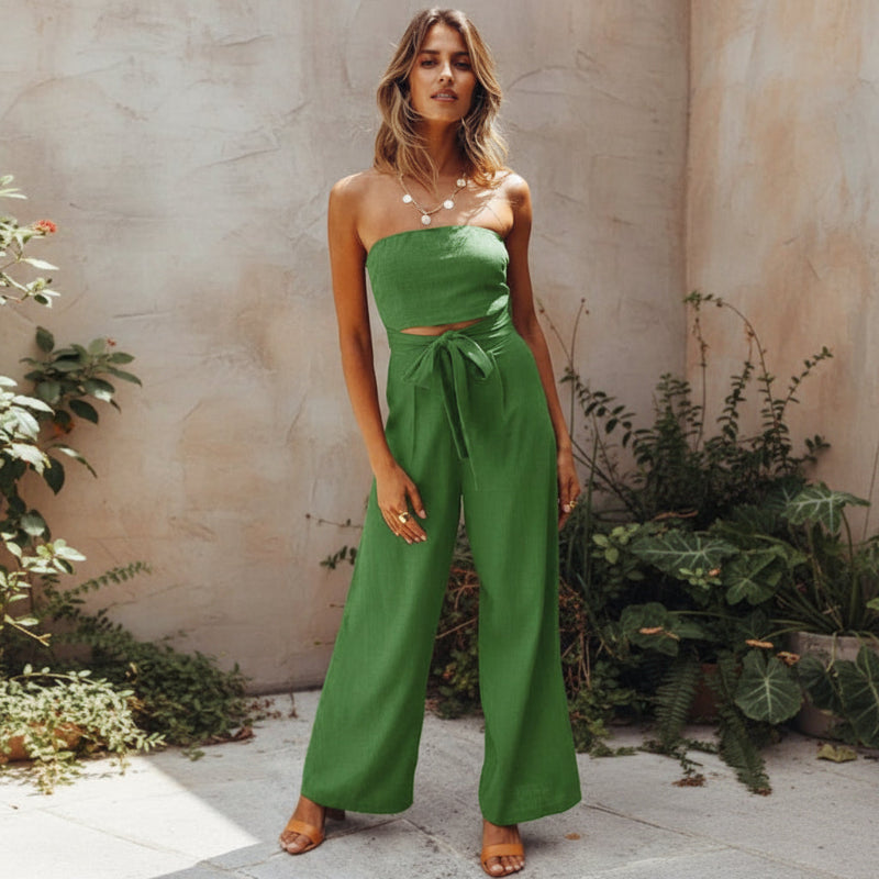 Women's Strapless Bandeau Crop Top and High-Waisted Wide-Leg Trousers Set - Self-Tie Evening Two-Piece Suit