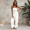 Women's Strapless Bandeau Crop Top and High-Waisted Wide-Leg Trousers Set - Self-Tie Evening Two-Piece Suit