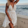 Women's Sleeveless Deep V-Neck Mini Dress With Floral Lace Overlay And Open Back, Scalloped Hem