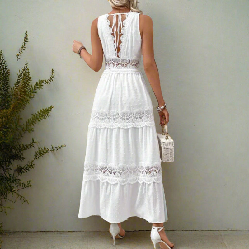 Classic White Sleeveless Maxi Dress For Women With Lace Panels And Tie Back V-Neck