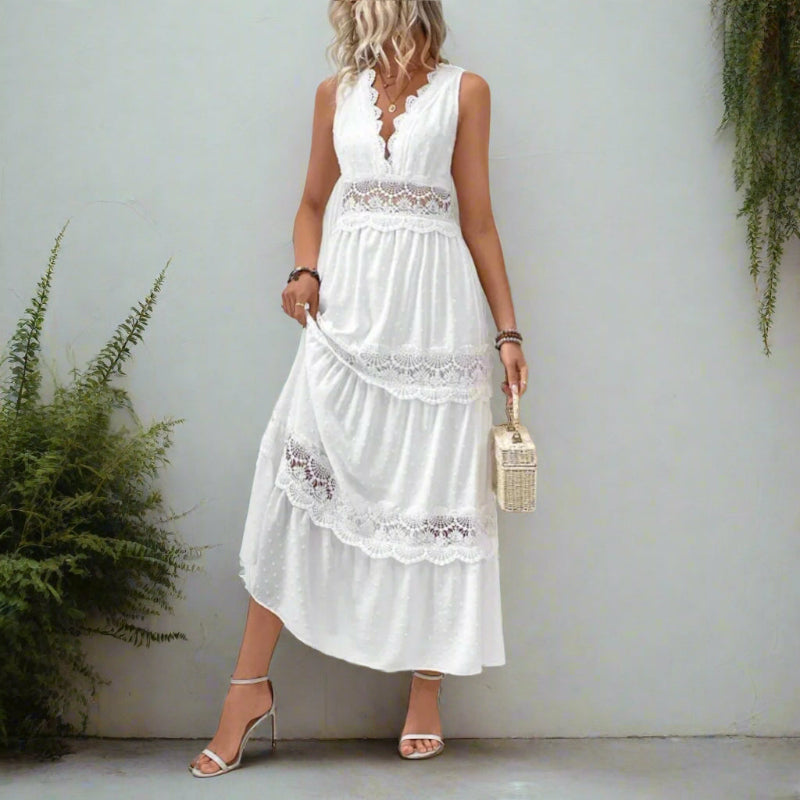 Classic White Sleeveless Maxi Dress For Women With Lace Panels And Tie Back V-Neck