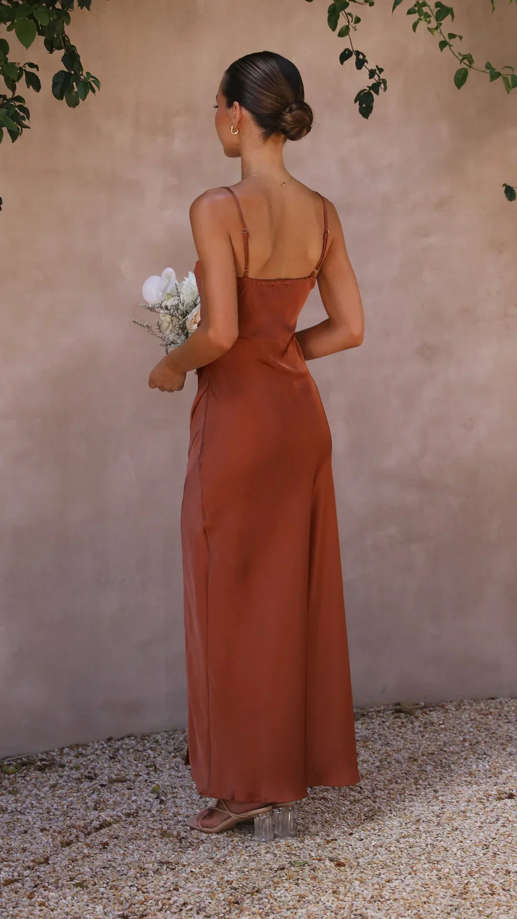 Women's Satin Maxi Dress With Square Neck, Thin Adjustable Straps, Ruched Side Bodice, Open Back, High Front Split