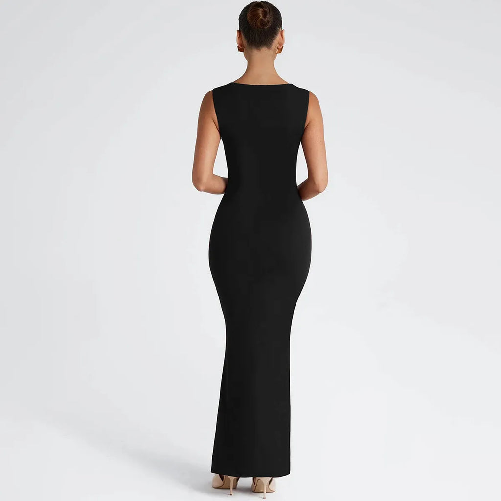 Women's Square Neck Bodycon Maxi Dress With Draped Bodice Detail, Wide Shoulder Straps, And Scoop Back
