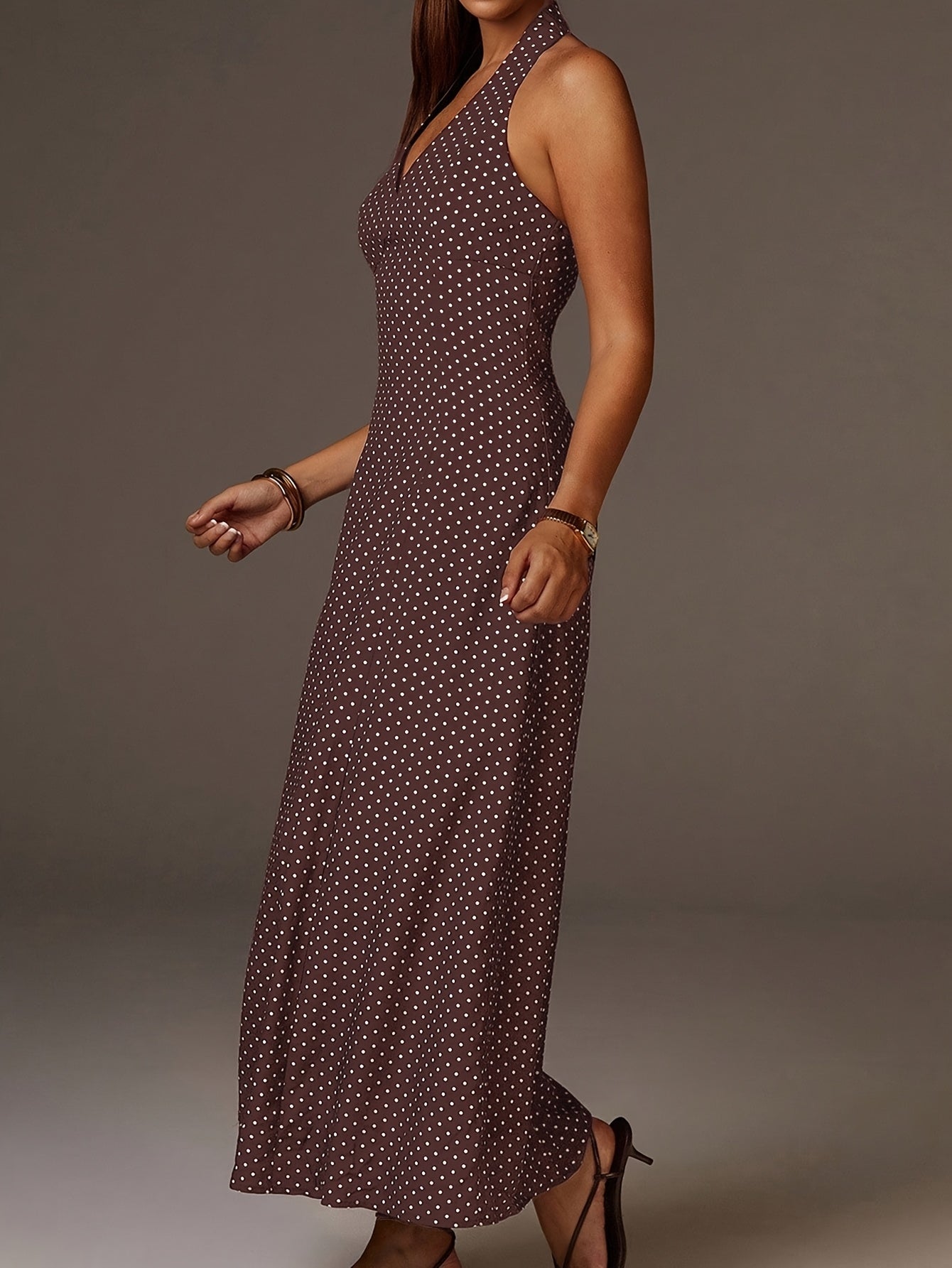 Coffee Polka Dot Halter Maxi Dress With Smocked Bodice And Deep V Neckline For Women