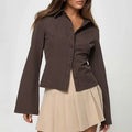 Women's Ribbed Stripe Button-Through Blouse With Long Flared Sleeve And Point Collar