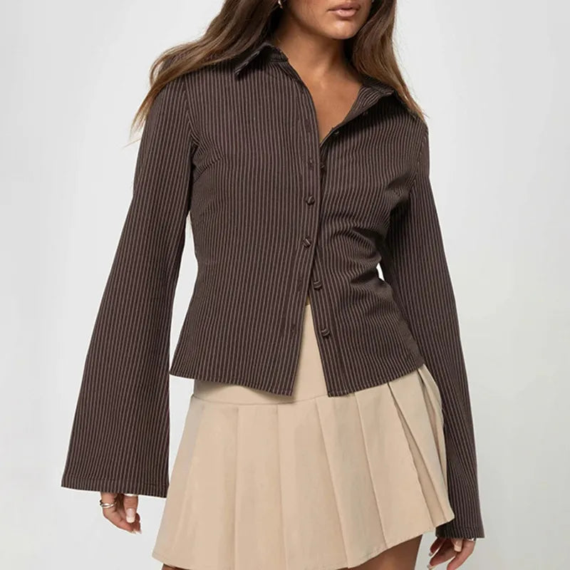 Women's Ribbed Stripe Button-Through Blouse With Long Flared Sleeve And Point Collar