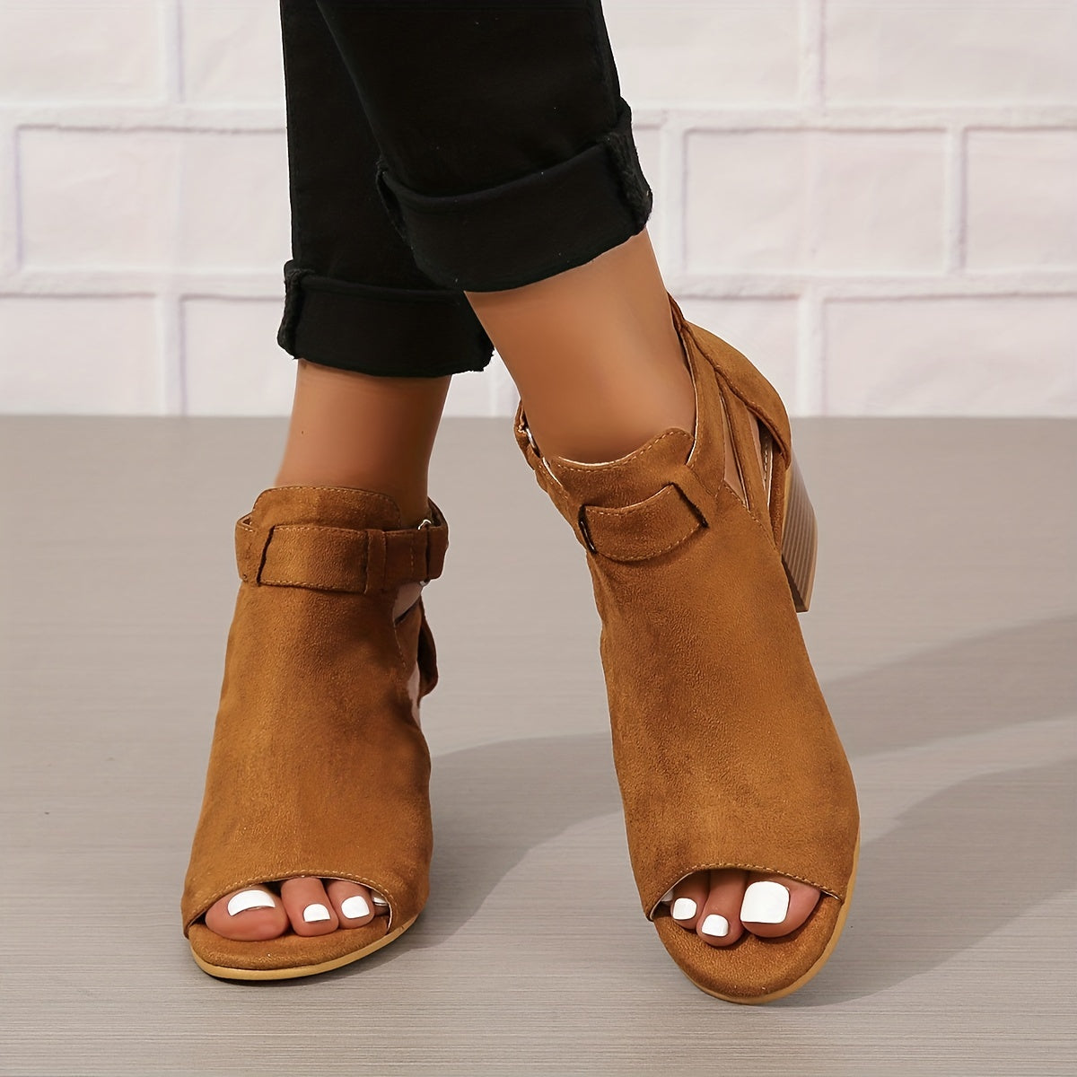 Women's Block Heel Sandals With Peep Toe, Cutout Ankle Design, And Buckle Strap