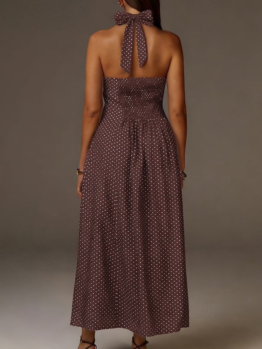 Coffee Polka Dot Halter Maxi Dress With Smocked Bodice And Deep V Neckline For Women