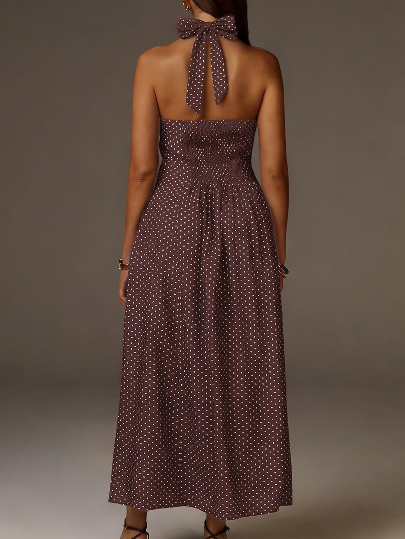 Coffee Polka Dot Halter Maxi Dress With Smocked Bodice And Deep V Neckline For Women
