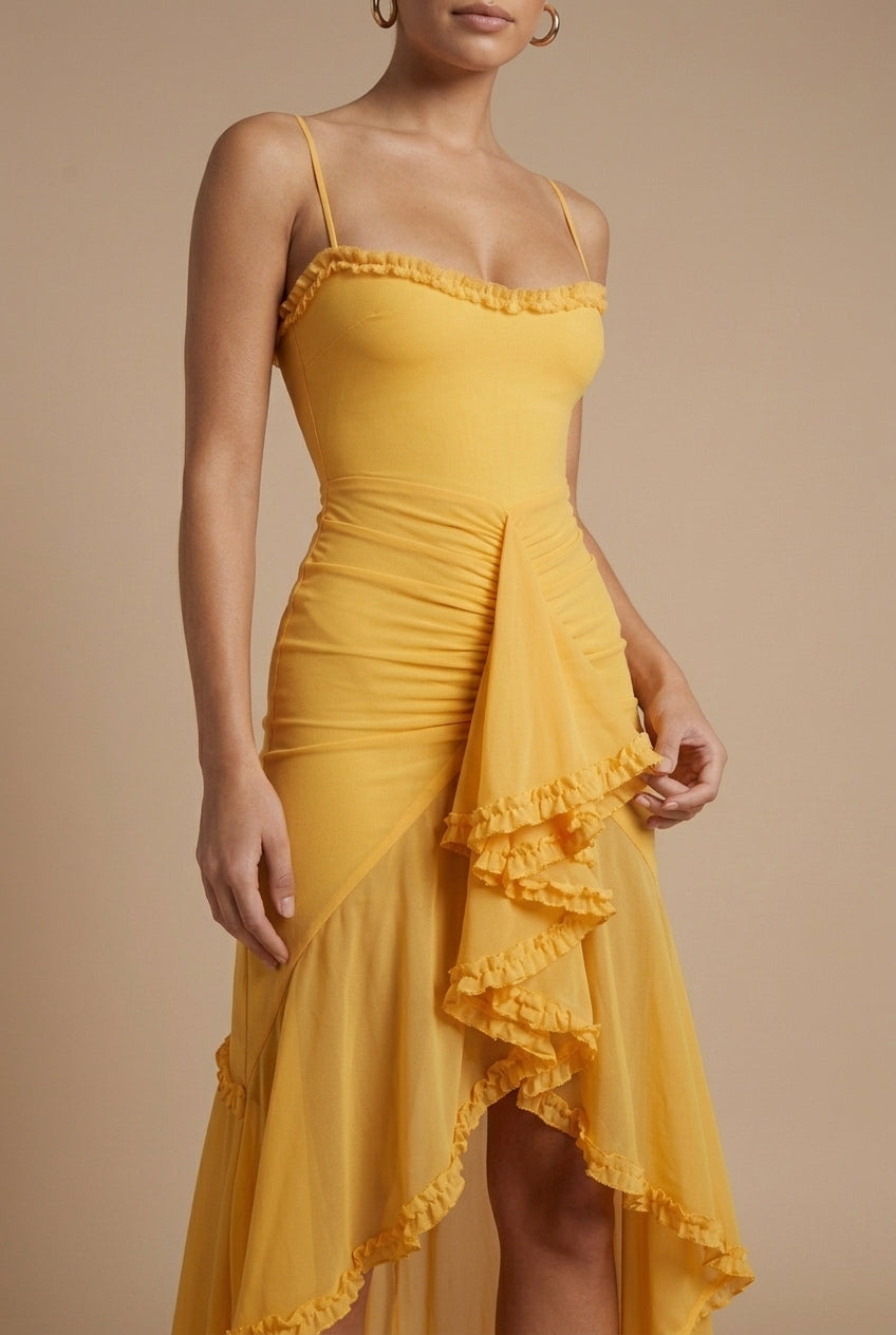 Timeless Classic Womens Ruched Spaghetti Strap Maxi Dress With Ruffle Trim Details