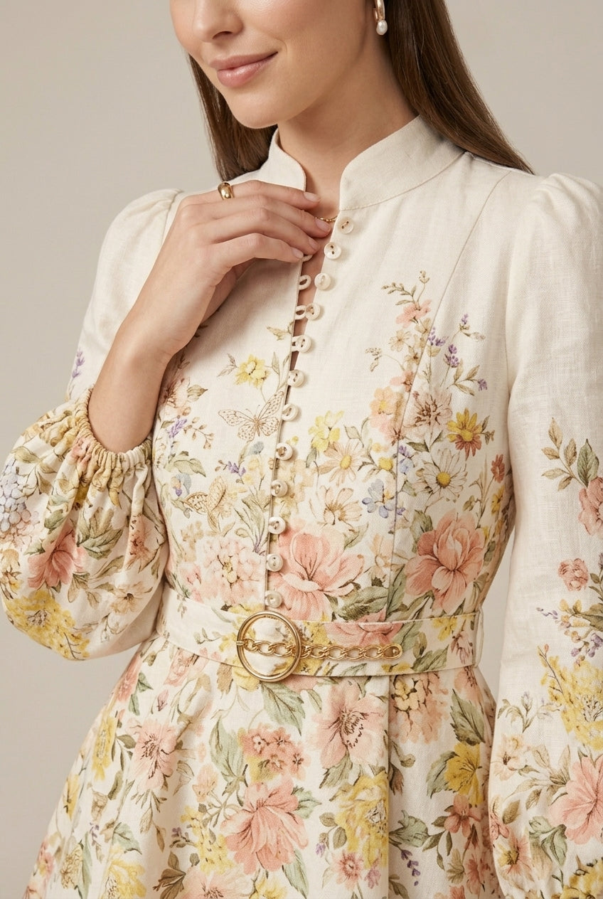 Women's Floral Printed Mini Dress With Elongated Puff Sleeves And Ruched Bodice Detail