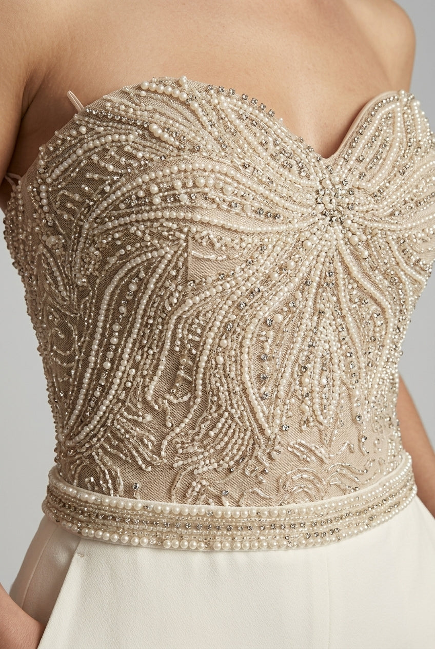 Women's Strapless Dressy Jumpsuit With Sweetheart Neckline, Sequin Embellished Bodice And Straight-Leg Pants