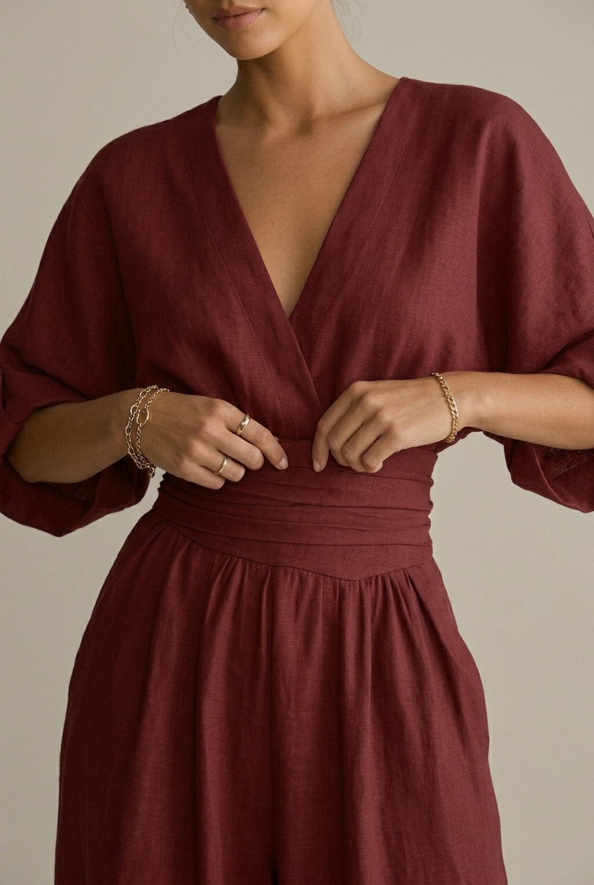 Women's Wrap Front V-Neck Jumpsuit With Wide Leg Trouser Style And Three Quarter Sleeve