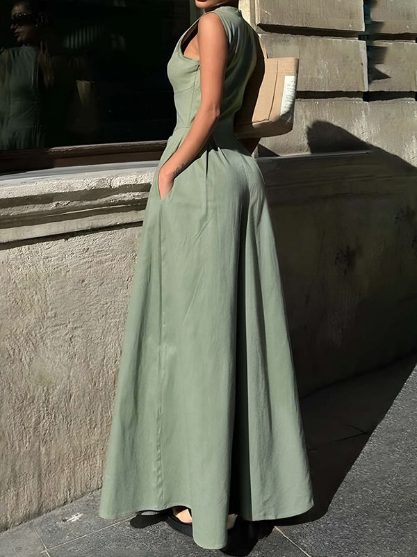 Sleeveless Maxi Dress With Stand Collar Exposed Front Zip Deep V-Neck Fitted Bodice And Full Skirt For Evening