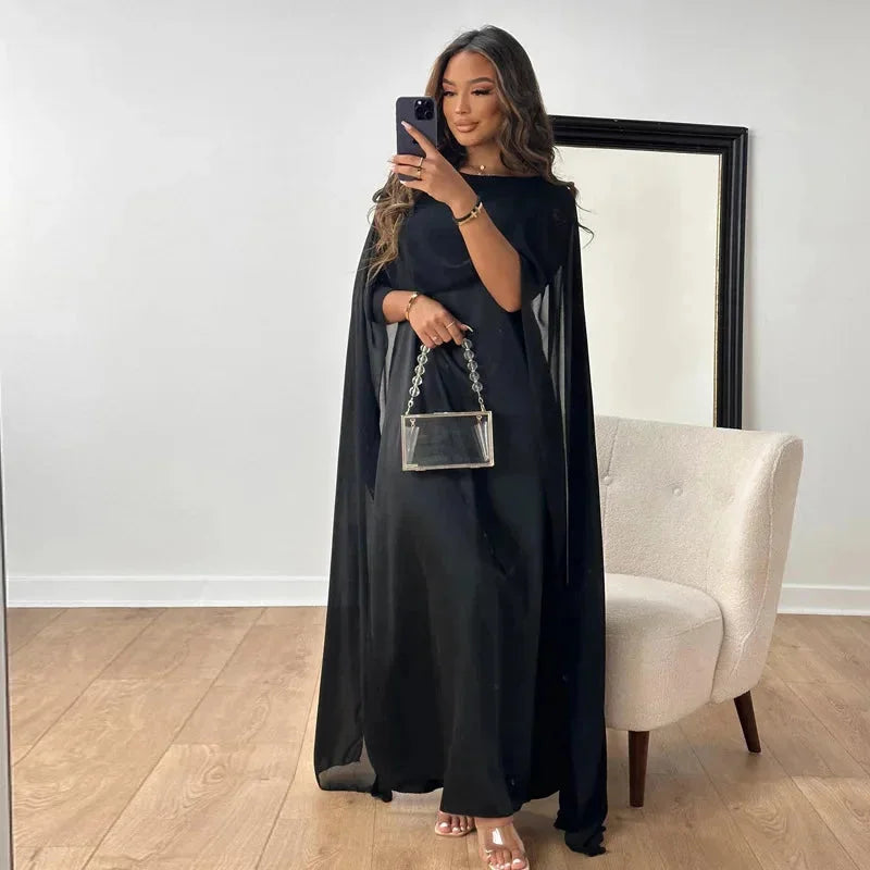 Women's Maxi Dress Featuring Round Neck And Cape Overlay Sleeves Featuring Round Neck And Cape Overlay Sleeves