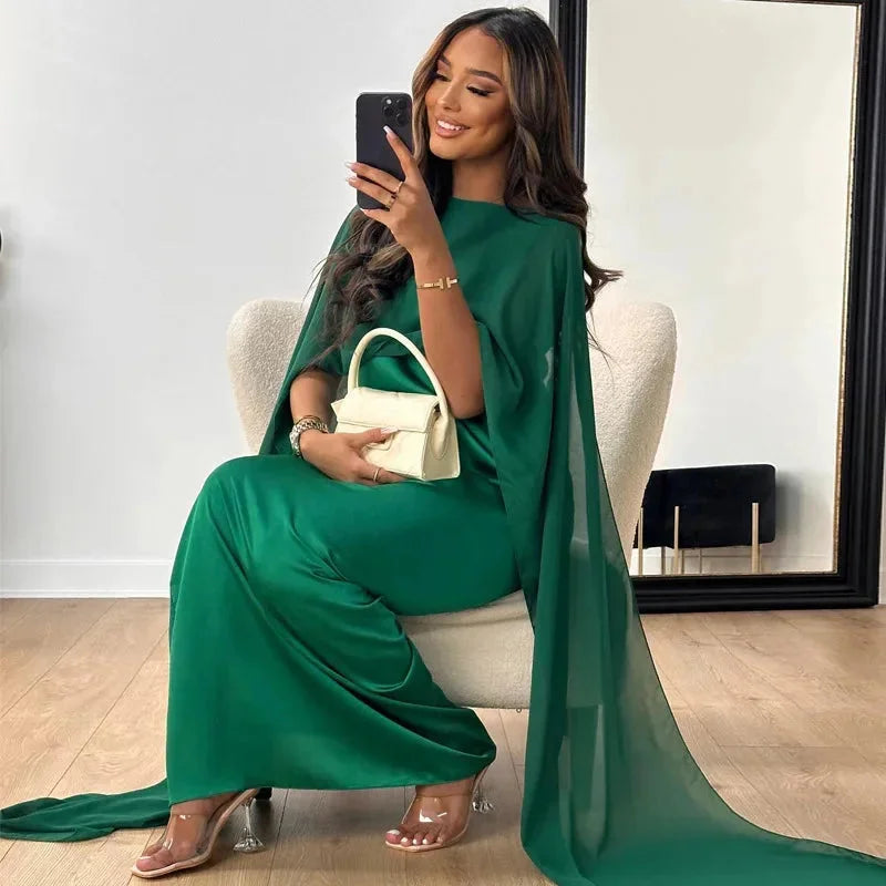 Women's Maxi Dress Featuring Round Neck And Cape Overlay Sleeves Featuring Round Neck And Cape Overlay Sleeves