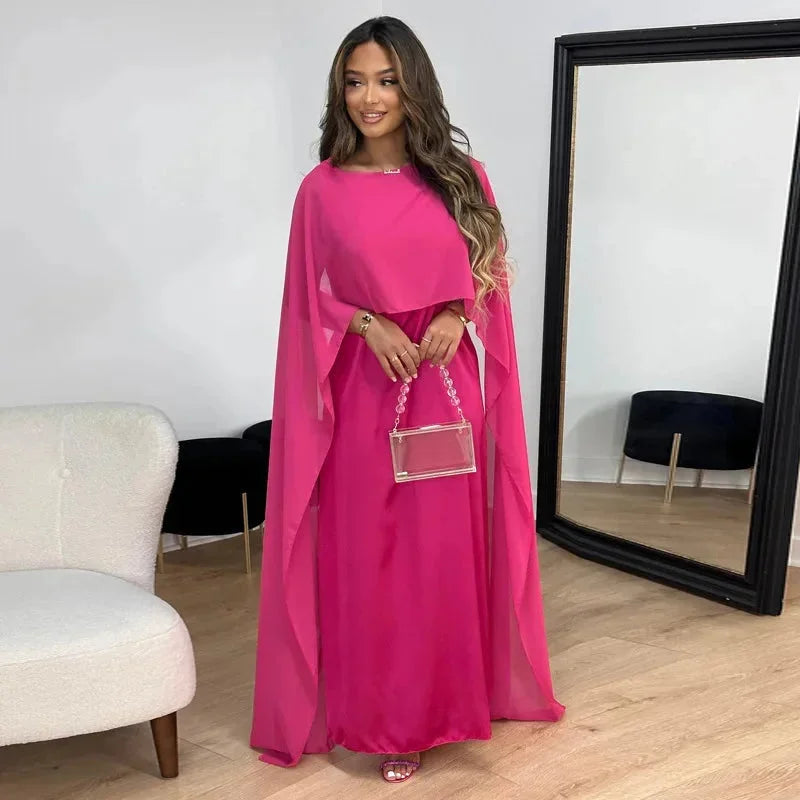 Women's Maxi Dress Featuring Round Neck And Cape Overlay Sleeves Featuring Round Neck And Cape Overlay Sleeves