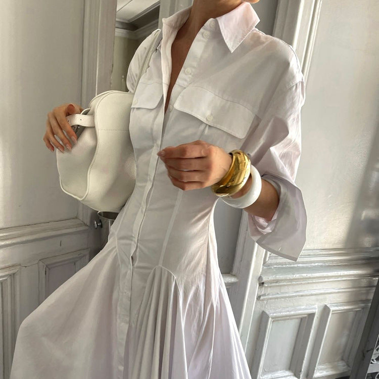 Women's White Drop-Waist Shirt Dress With Point Collar And Button Front Pleated A-Line Maxi