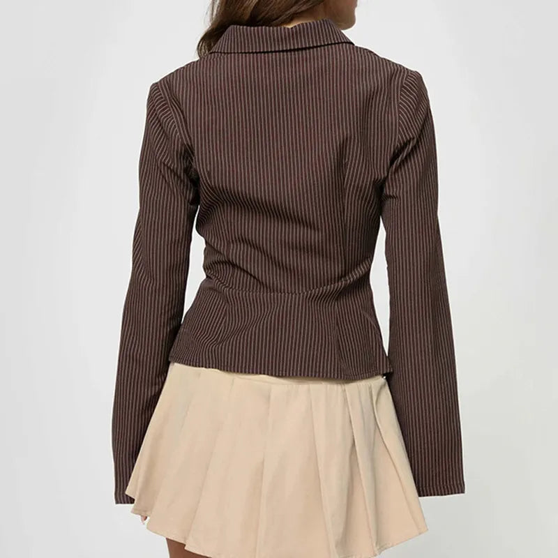 Women's Ribbed Stripe Button-Through Blouse With Long Flared Sleeve And Point Collar
