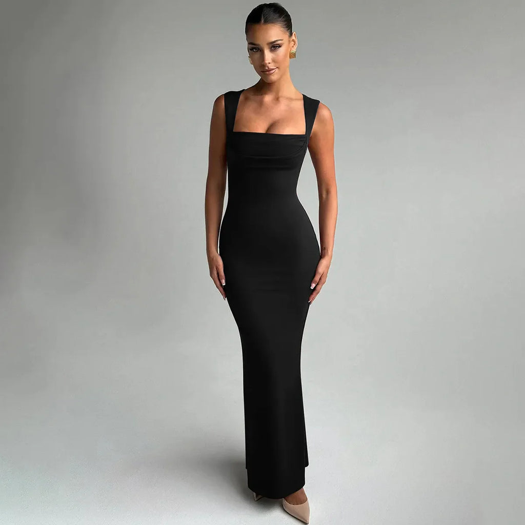 Women's Square Neck Bodycon Maxi Dress With Draped Bodice Detail, Wide Shoulder Straps, And Scoop Back