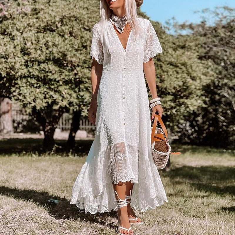 Women's White Lace Maxi Dress With V-Neck And Button-Front Bohemian Timeless Style For Women