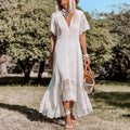 Women's White Lace Maxi Dress With V-Neck And Button-Front Bohemian Timeless Style For Women