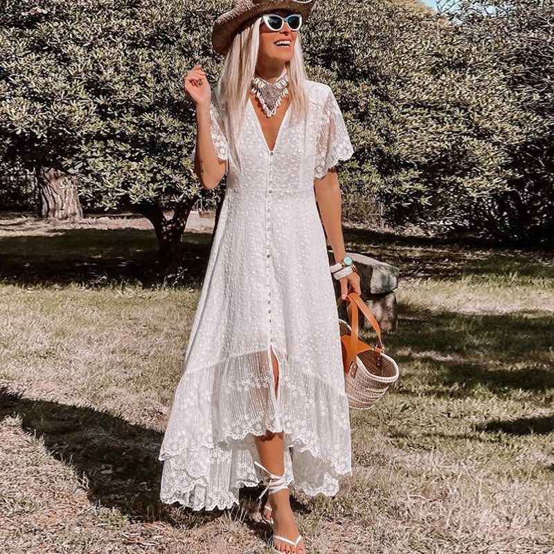 Women's White Lace Maxi Dress With V-Neck And Button-Front Bohemian Timeless Style For Women